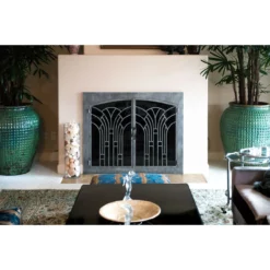 Alexandria Rectangular Inside Arched Fireplace Door - Wrought Iron