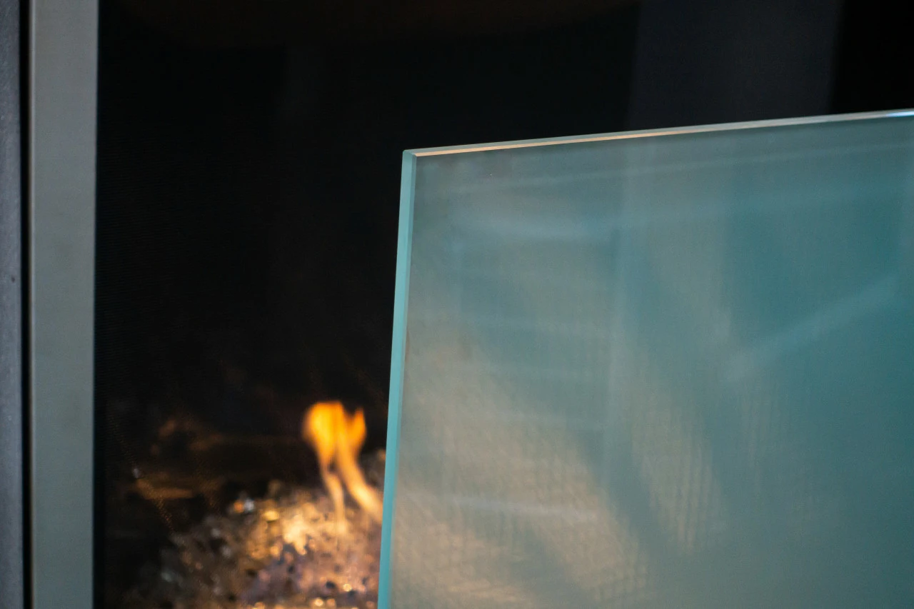 Acid Etched Modern Freestanding Glass Fireplace Screen | AMS Fireplace 4 Acid Etched Modern Freestanding Glass Fireplace Screen | AMS Fireplace - Image 2